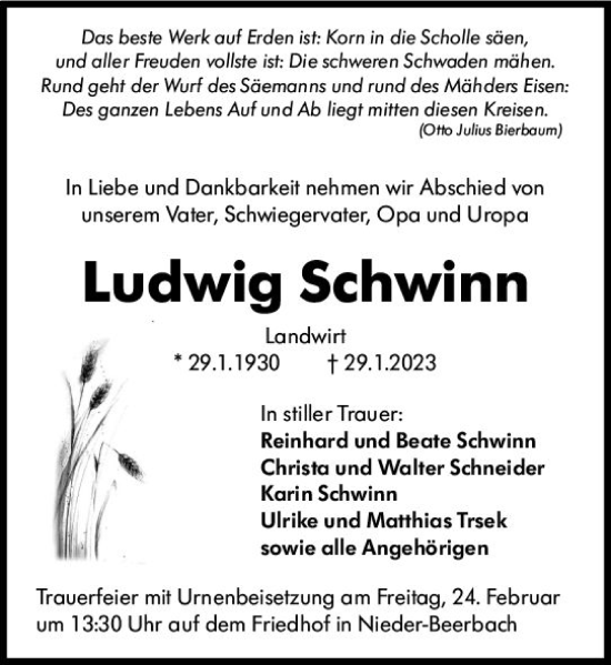 Traueranzeige von Ludwig Schwinn von Darmstädter Echo