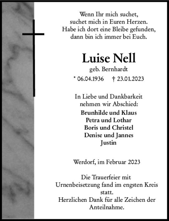 Traueranzeige von Luise Nell von Wetzlarer Neue Zeitung