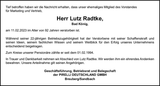 Traueranzeige von Lutz Radtke von Odenwälder Echo