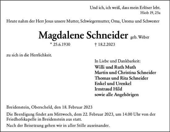 Traueranzeige von Magdalene Schneider von Hinterländer Anzeiger