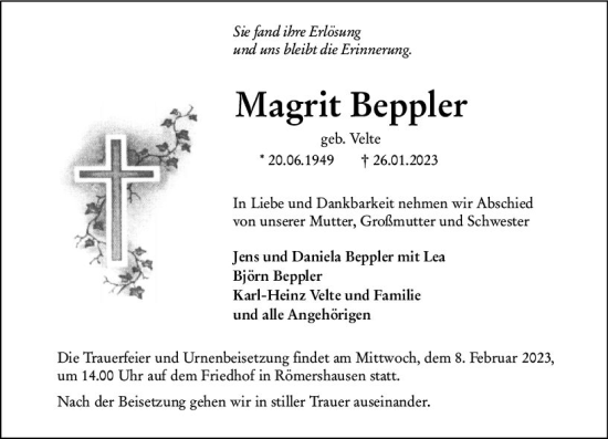 Traueranzeige von Magrit Beppler von Hinterländer Anzeiger