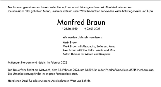 Traueranzeige von Manfred Braun von Dill Block