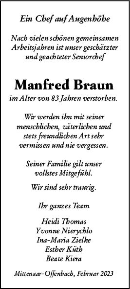Traueranzeige von Manfred Braun von Dill Block