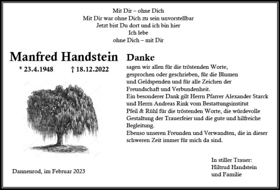 Traueranzeige von Manfred Handstein von OK Oberhessen Kurier