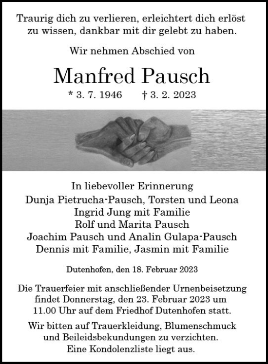 Traueranzeige von Manfred Pausch von Wetzlarer Neue Zeitung