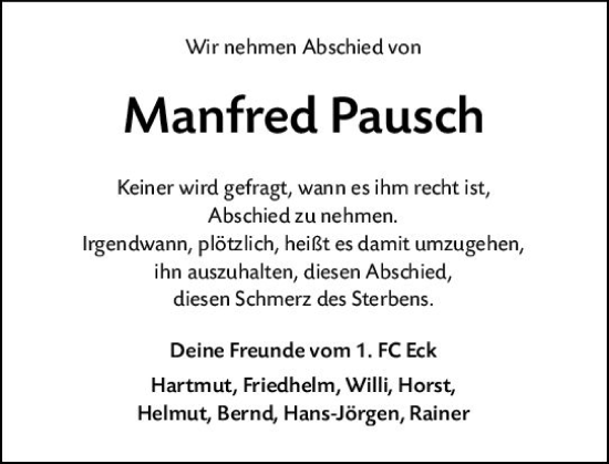 Traueranzeige von Manfred Pausch von Wetzlarer Neue Zeitung
