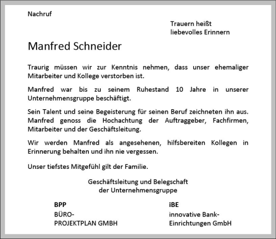 Traueranzeige von Manfred Schneider von VRM Trauer