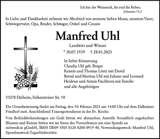 Traueranzeige von Manfred Uhl von Allgemeine Zeitung Mainz