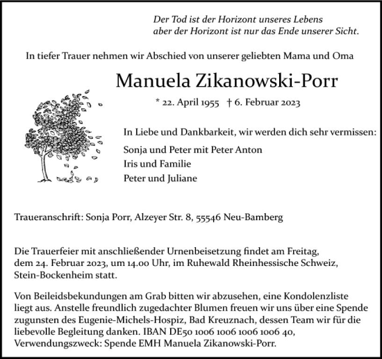 Traueranzeige von Manuela Zikanowski-Porr von Allgemeine Zeitung Bad Kreuznach