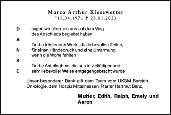 Traueranzeige von Marco Arthur Kiesewetter von Wetzlarer Neue Zeitung