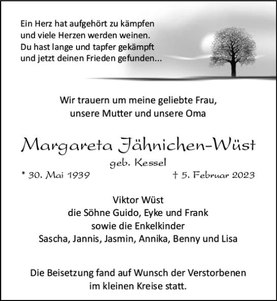 Traueranzeige von Margareta Jähnichen-Wüst von Allgemeine Zeitung Mainz