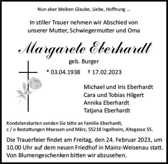 Traueranzeige von Margarete Eberhardt von Allgemeine Zeitung Mainz