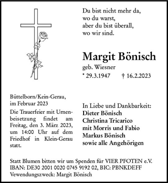 Traueranzeige von Margit Bönisch von Groß-Gerauer Echo