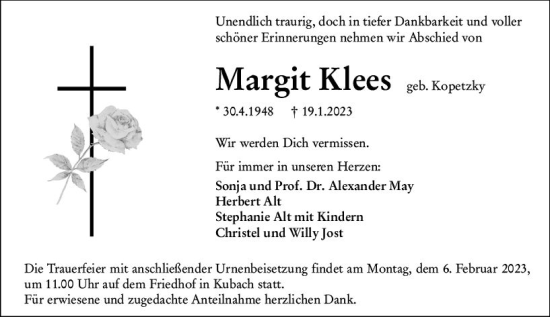 Traueranzeige von Margit Klees von Weilburger Tageblatt