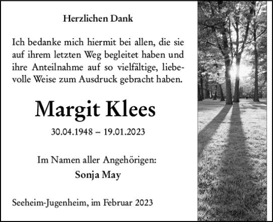 Traueranzeige von Margit Klees von Weilburger Tageblatt