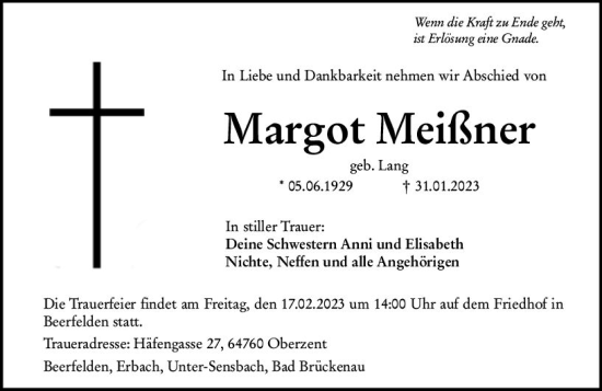 Traueranzeige von Margot Meißner von Odenwälder Echo