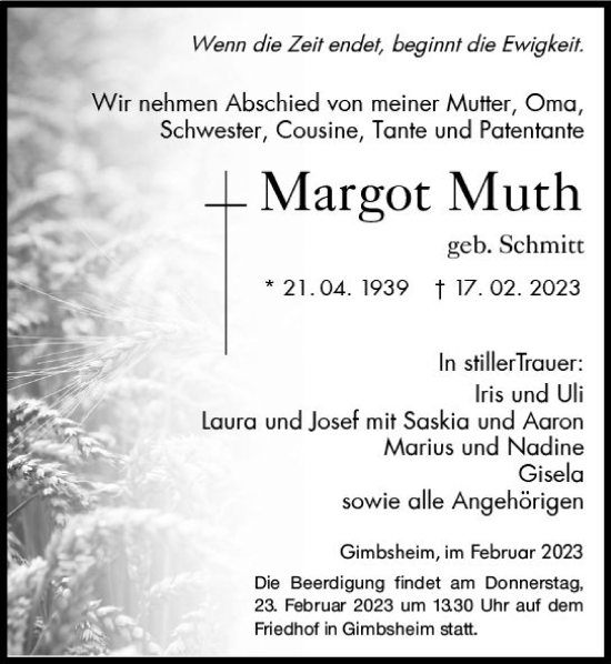 Traueranzeige von Margot Muth von Wormser Zeitung