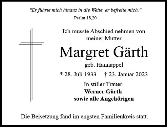 Traueranzeige von Margret Gärth von Nassauische Neue Presse