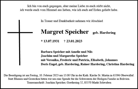 Traueranzeige von Margret Speicher von Wiesbadener Kurier gesamt