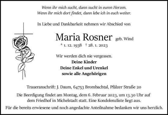 Traueranzeige von Maria Rosner von Odenwälder Echo