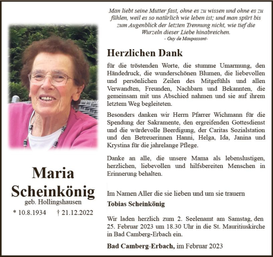 Traueranzeige von Maria Scheinkönig von Camberger Anzeiger