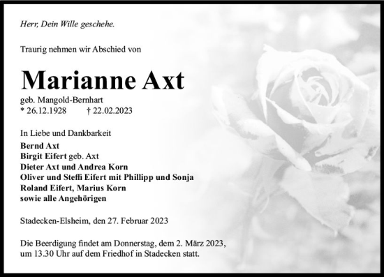 Traueranzeige von Marianne Axt von Allgemeine Zeitung Mainz