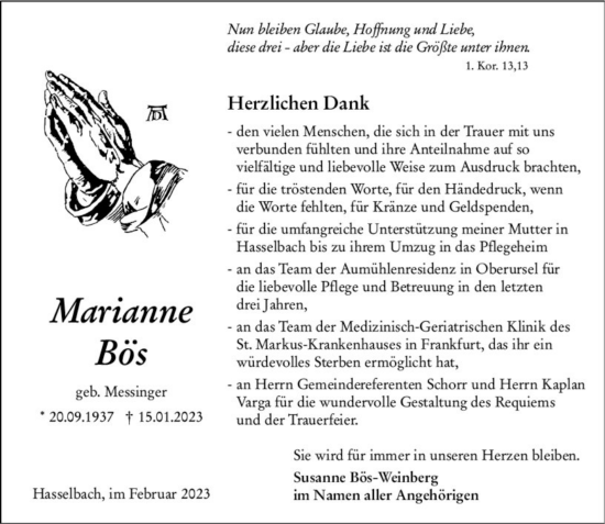 Traueranzeige von Marianne Bös von VRM/MH Trauer