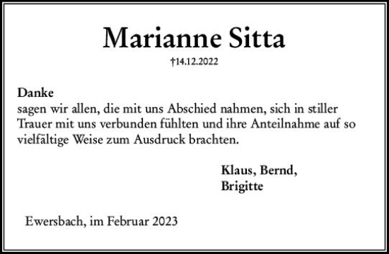 Traueranzeige von Marianne Sitta von Dill Block