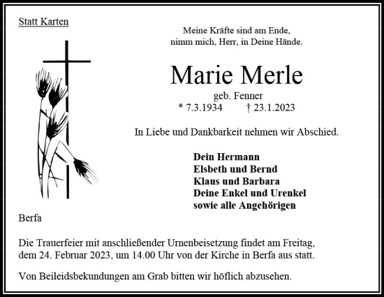 Traueranzeige von Marie Merle von VRM Trauer
