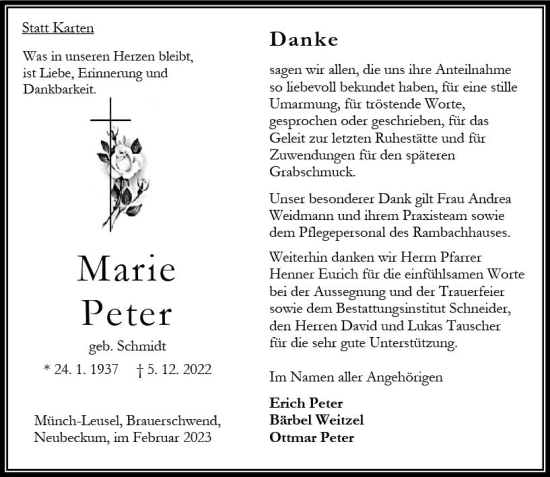 Traueranzeige von Marie Peter von OK Oberhessen Kurier