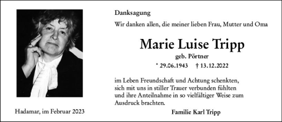 Traueranzeige von Marie Luise Tripp von Nassauische Neue Presse