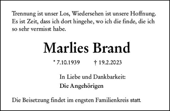 Traueranzeige von Marlies Brand von Wetzlarer Neue Zeitung