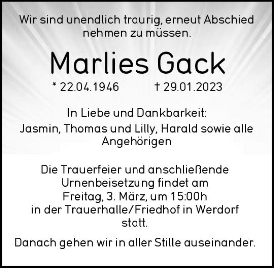 Traueranzeige von Marlies Gack von Wetzlarer Neue Zeitung