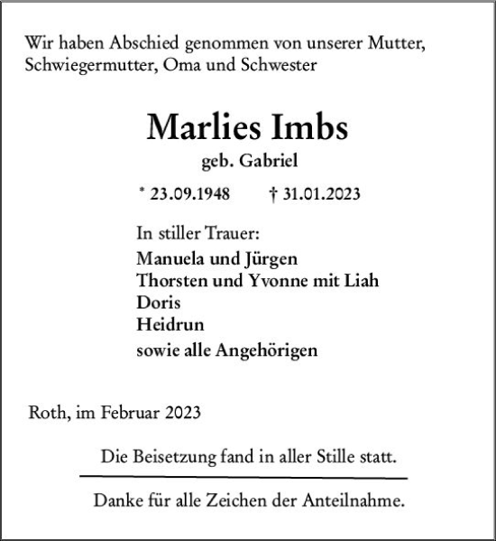Traueranzeige von Marlies Imbs von Dill Block