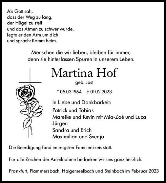 Traueranzeige von Martina Hof von Dill Block