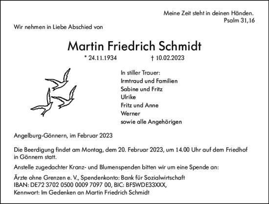 Traueranzeige von Martin Friedrich Schmidt von Hinterländer Anzeiger