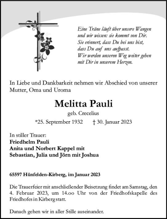 Traueranzeige von Melitta Pauli von Camberger Anzeiger