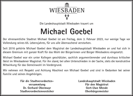 Traueranzeige von Michael Goebel von Wiesbadener Kurier
