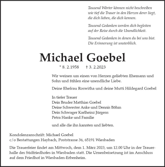 Traueranzeige von Michael Goebel von Wiesbadener Kurier