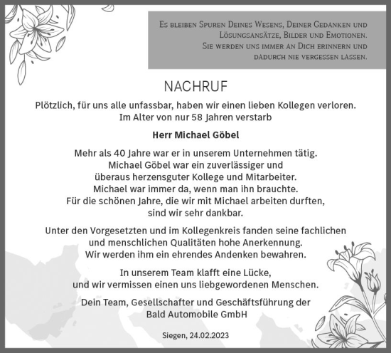 Traueranzeige von Michael Göbel von Dill Block
