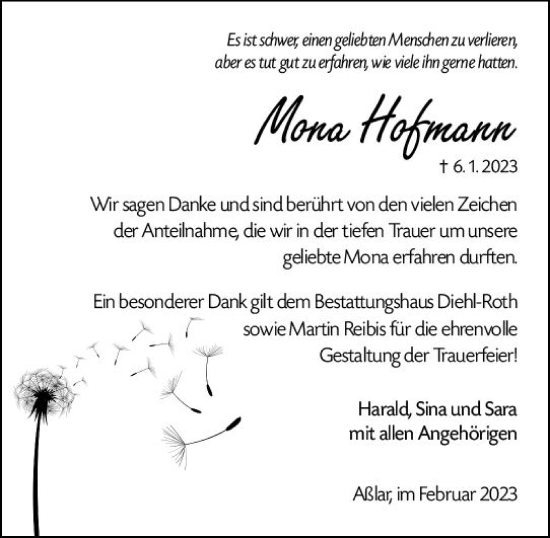 Traueranzeige von Mona Hofmann von Wetzlarer Neue Zeitung