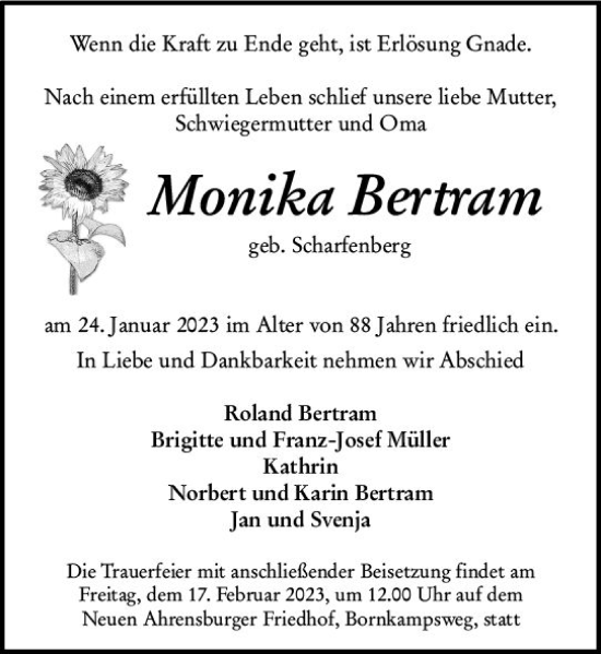 Traueranzeige von Monika Bertram von Wiesbadener Kurier gesamt