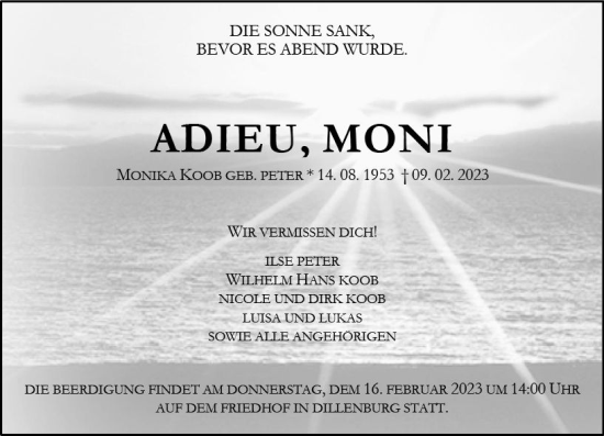 Traueranzeige von Monika Koob von Dill Block