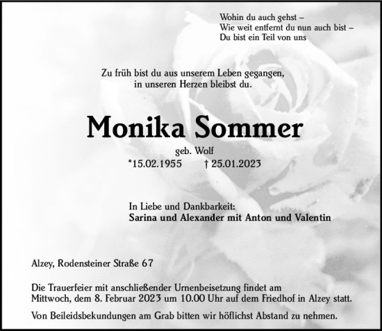 Traueranzeige von Monika Sommer von Allgemeine Zeitung Alzey