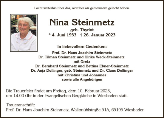 Traueranzeige von Nina Steinmetz von Wiesbadener Kurier gesamt