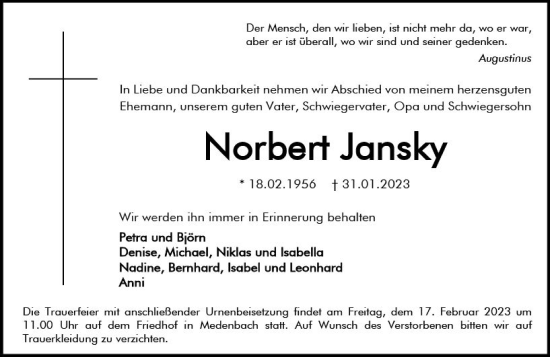 Traueranzeige von Norbert Jansky von Wiesbadener Kurier gesamt