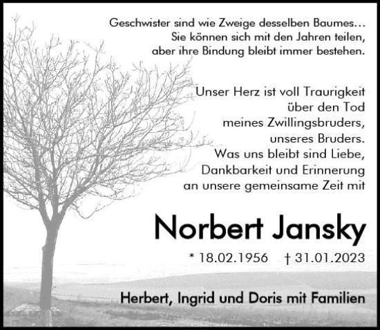 Traueranzeige von Norbert Jansky von Wiesbadener Kurier gesamt