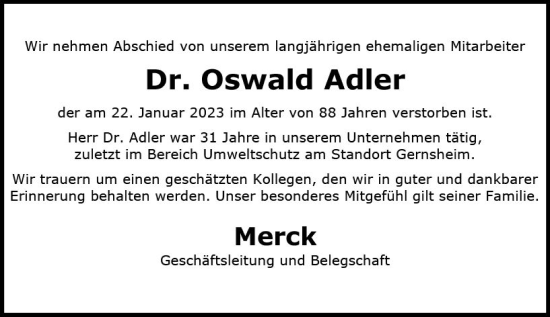 Traueranzeige von Oswald Adler von Groß-Gerauer Echo