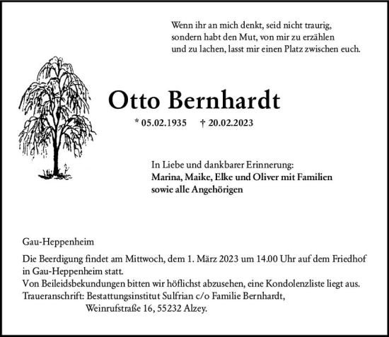 Traueranzeige von Otto Bernhardt von Allgemeine Zeitung Alzey