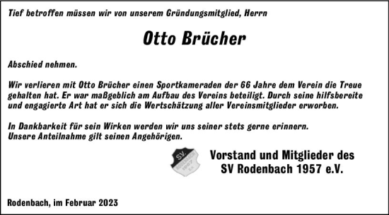 Traueranzeige von Otto Brücher von Dill Block